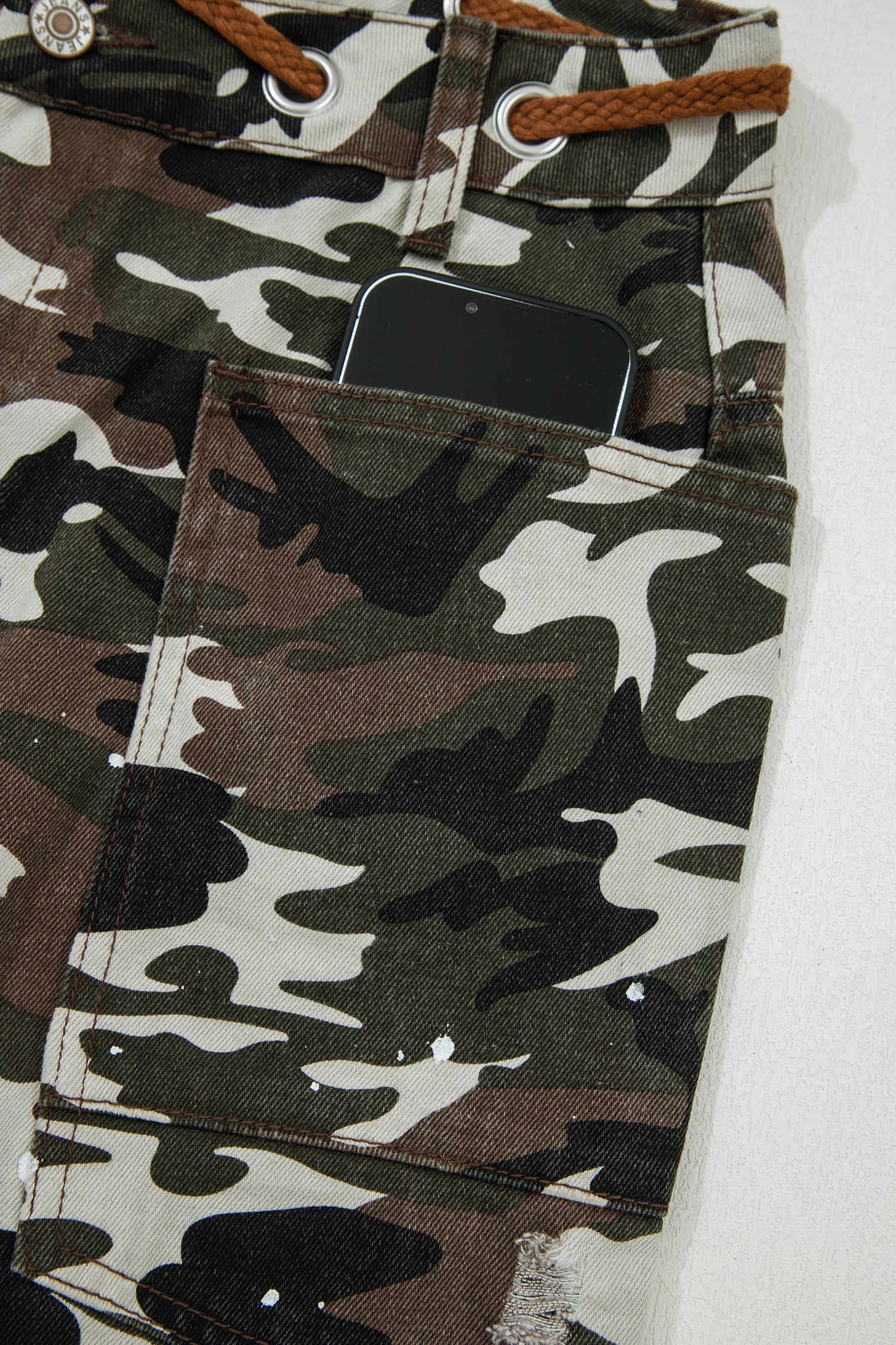 Green Camouflage Print Splashed Distressed Loose Denim Pants