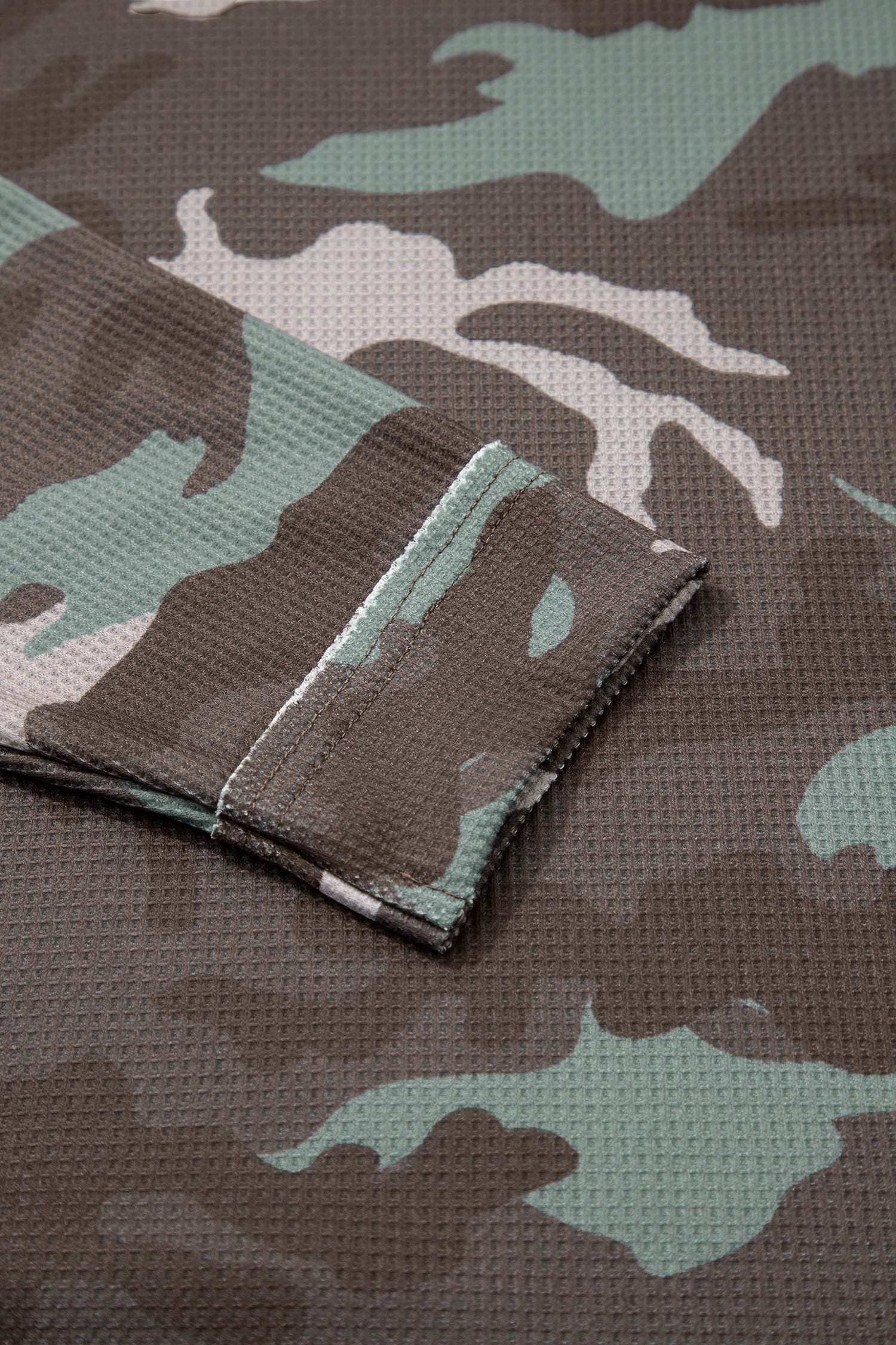 Green Camouflage Print Textured Drop Shoulder Long Sleeve Top