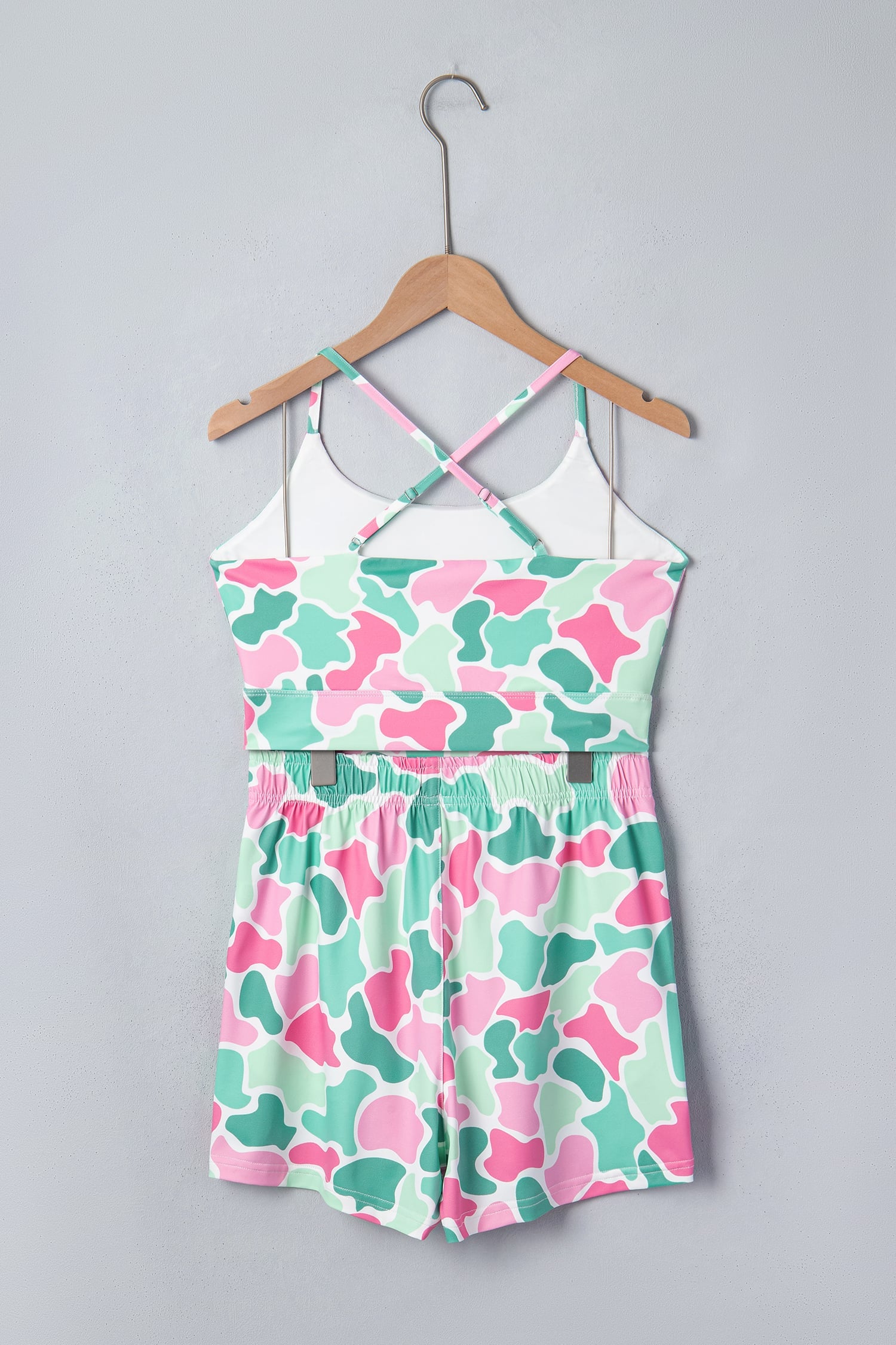 Green Camouflage Printed Cropped Tank Athleisure 2pcs Short Set