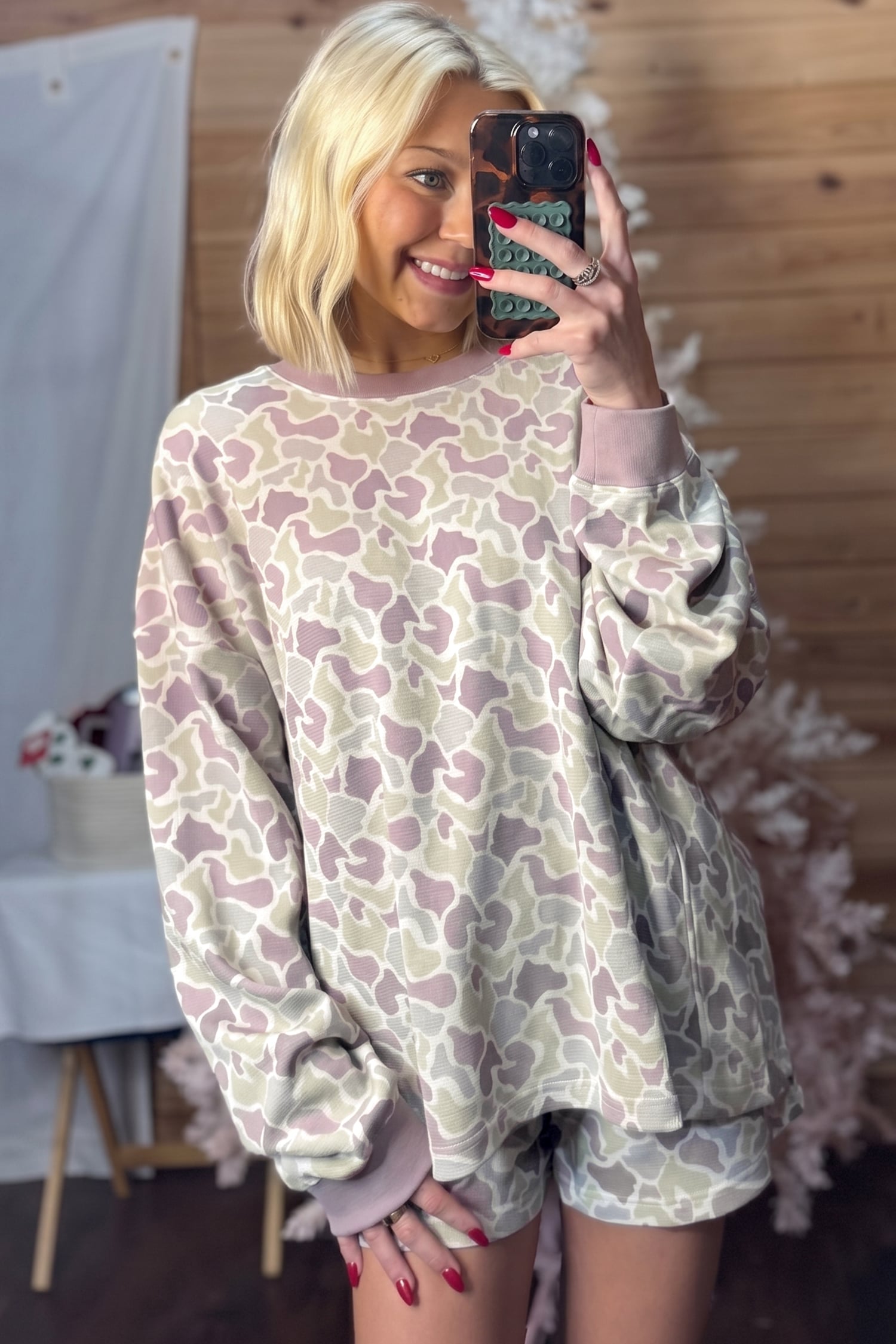 Green Camouflage Waffle Knit Long Sleeve Top Casual Shorts Set