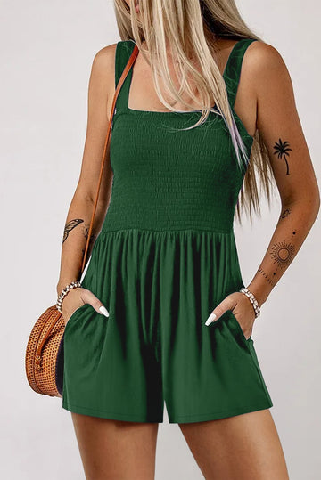 Green Casual Pocketed Smocked Sleeveless Romper