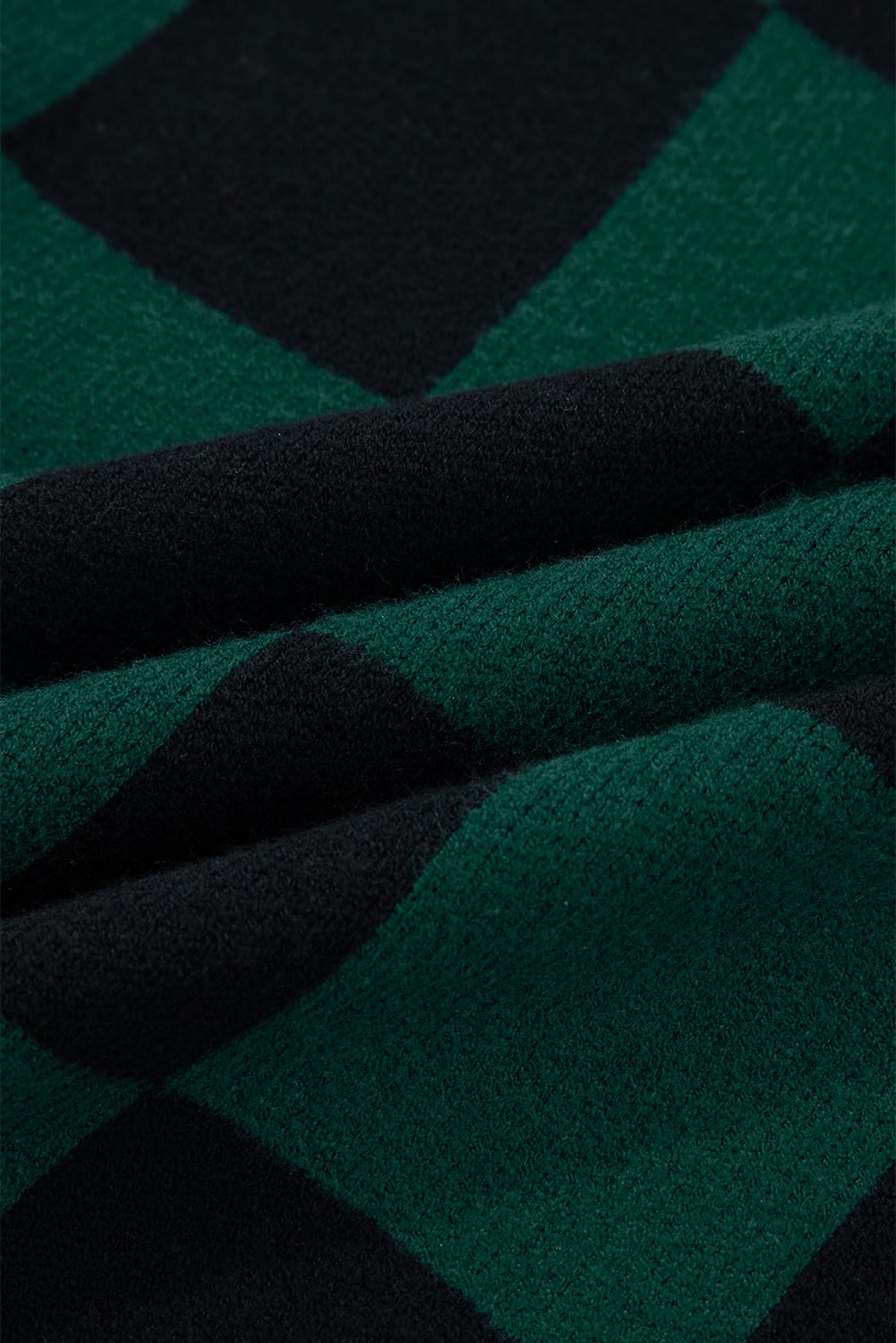Green Checked Notched Neckline Drop Shoulder Knit Sweater