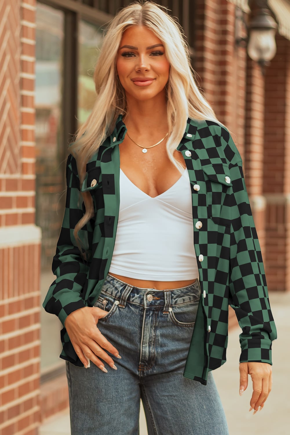 Green Checkerboard Flap Pocket Button Front Shacket