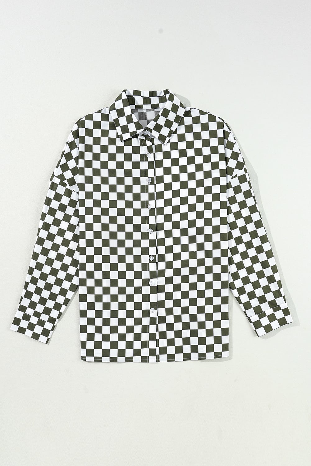 Green Checkerboard Printed Drop Shoulder Loose Casual Shirt