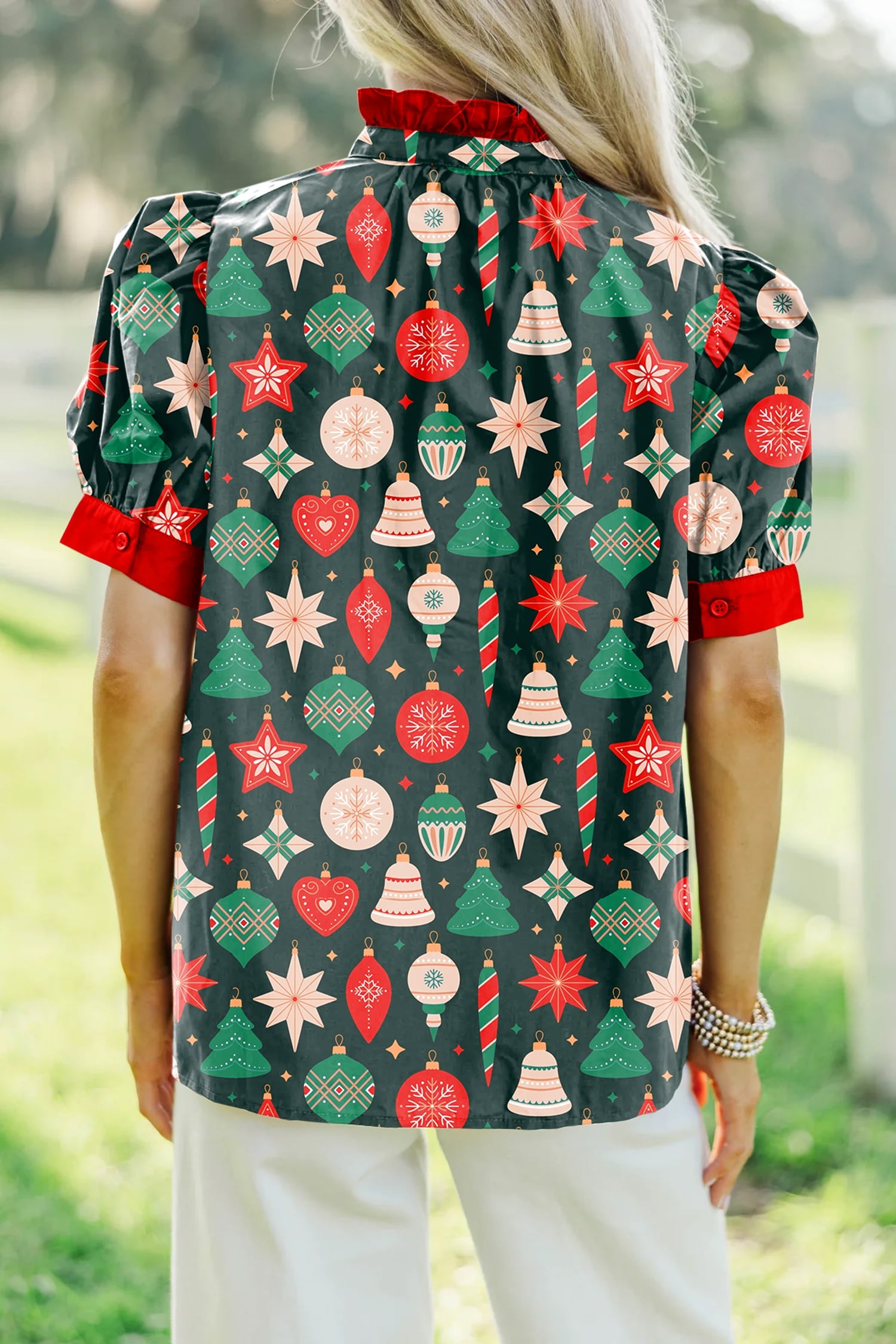 Green Christmas Fashion Print Contrast Trim Frilled Neck Short Sleeve Blouse