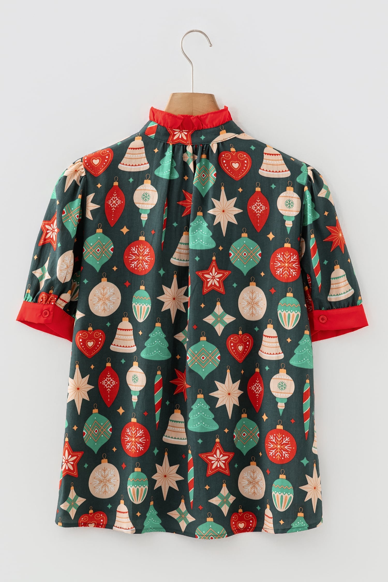 Green Christmas Fashion Print Contrast Trim Frilled Neck Short Sleeve Blouse