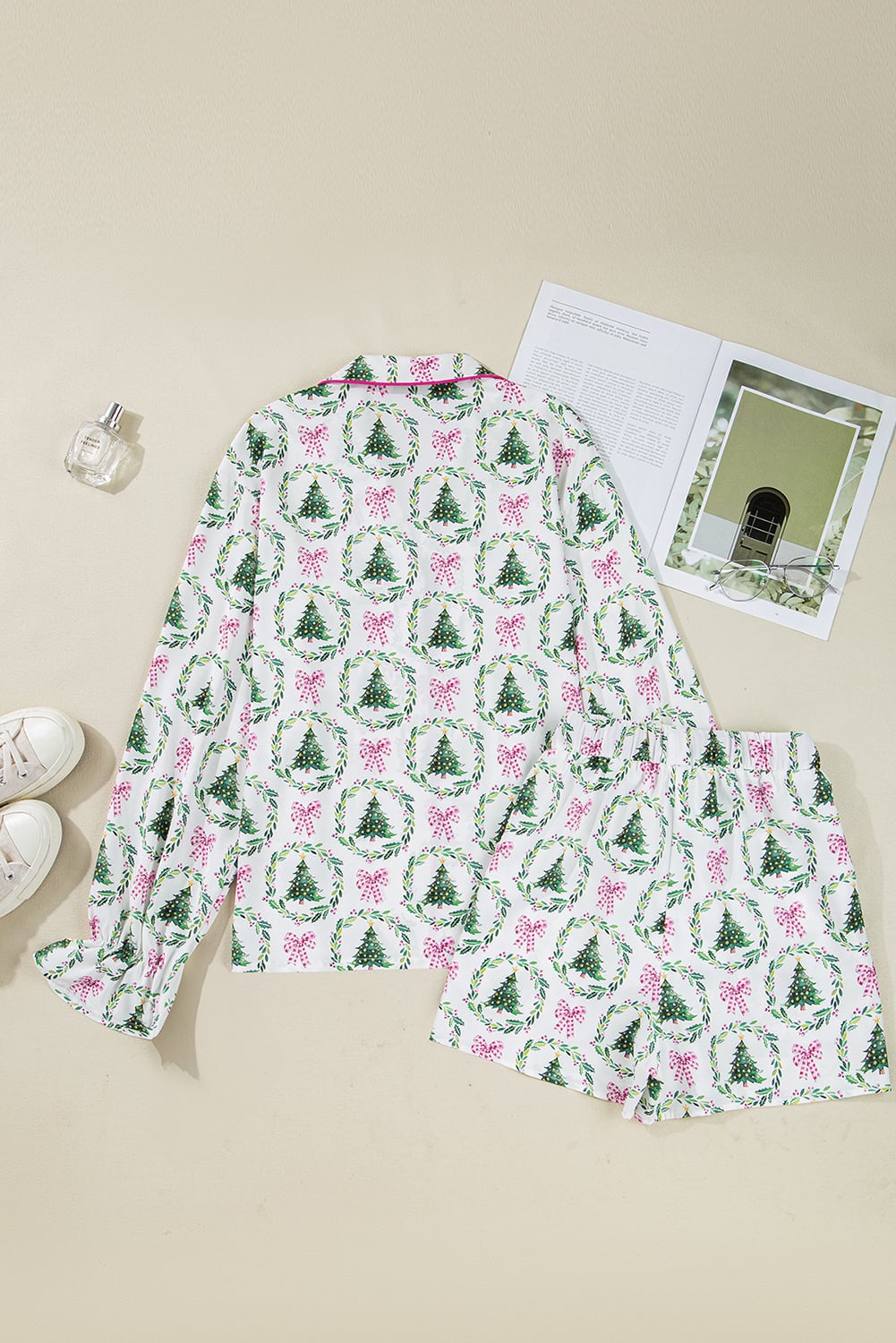 Green Christmas Fashion Print Velvet Trim Bow Knot Pajama 2pcs Short Set