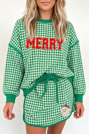 Green Christmas Slogan Gingham Casual Skirt Set