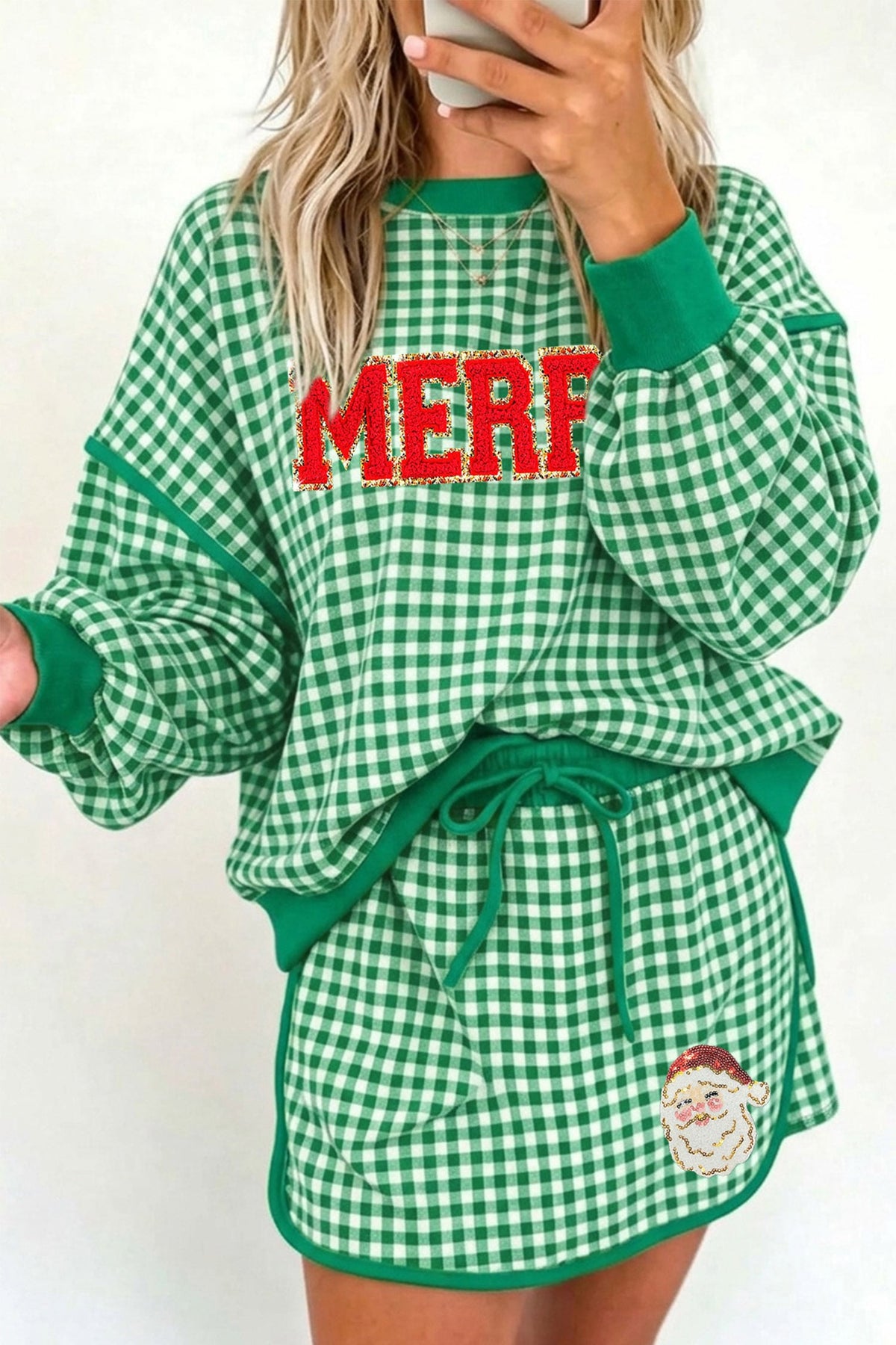 Green Christmas Slogan Gingham Casual Skirt Set