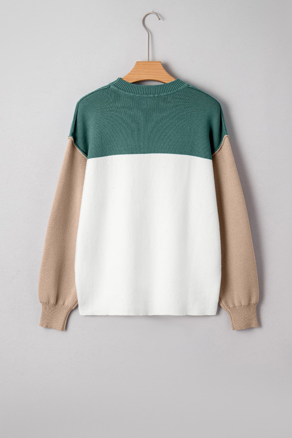 Green Color Block Plain Ribbed Knit Baggy Sweater