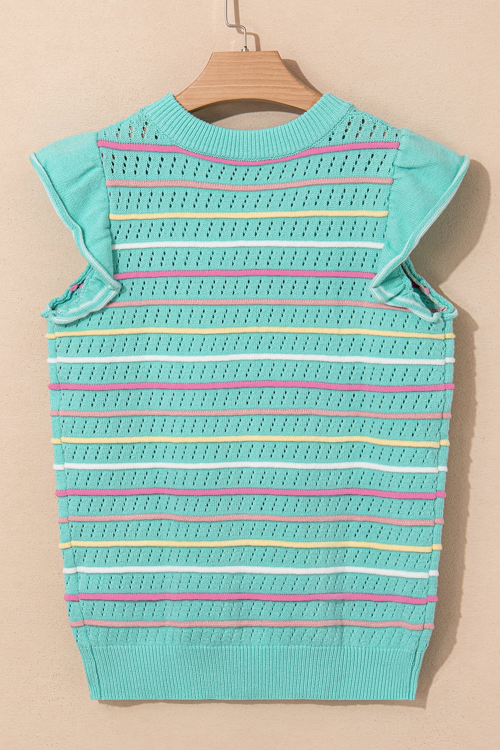 Green Colorful Striped Eyelet Knit Ruffled Sleeve Sweater T Shirt