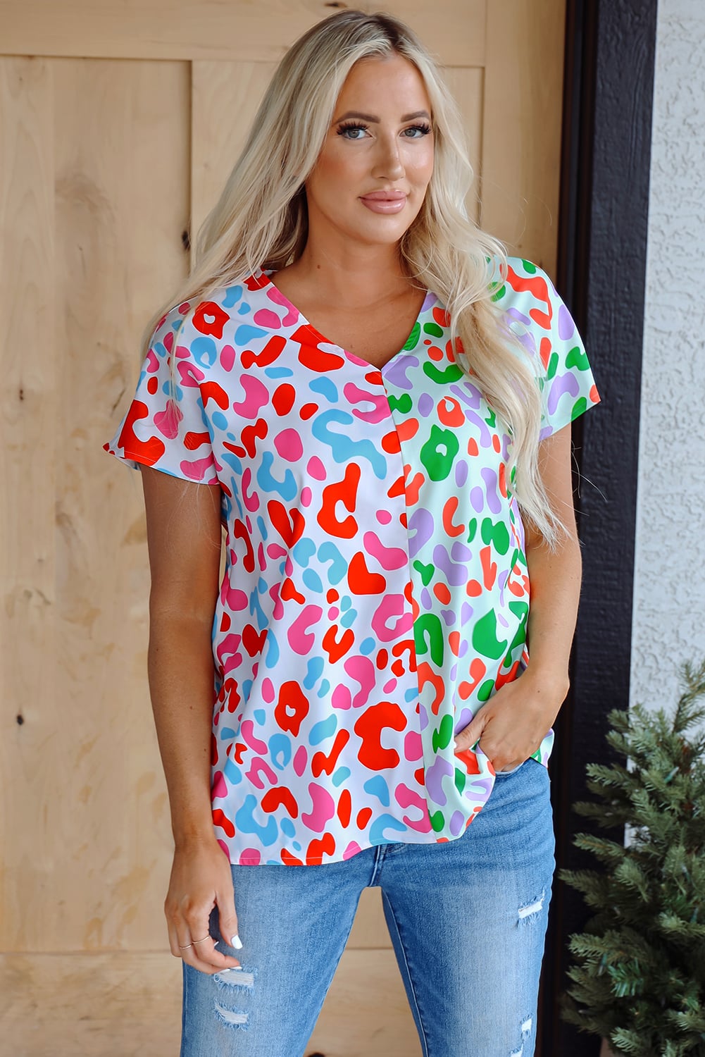 Green Contrast Leopard Print V Neck Short Sleeve Blouse