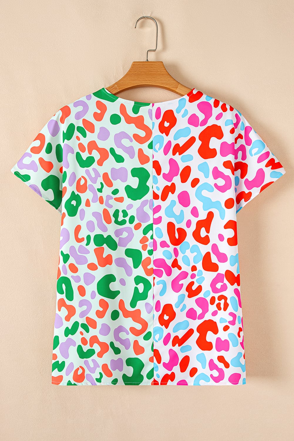 Green Contrast Leopard Print V Neck Short Sleeve Blouse
