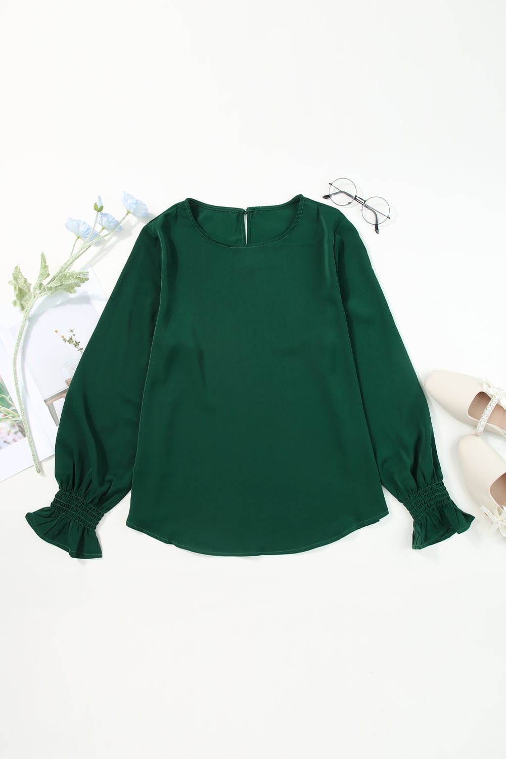 Green Crew Neck Ruffle Bubble Sleeve Top