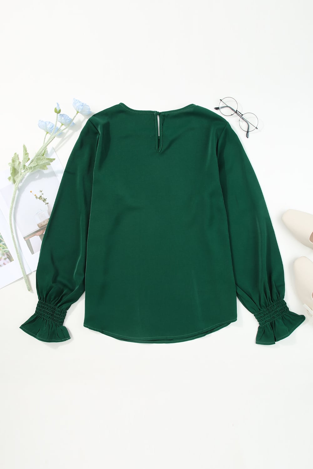 Green Crew Neck Ruffle Bubble Sleeve Top