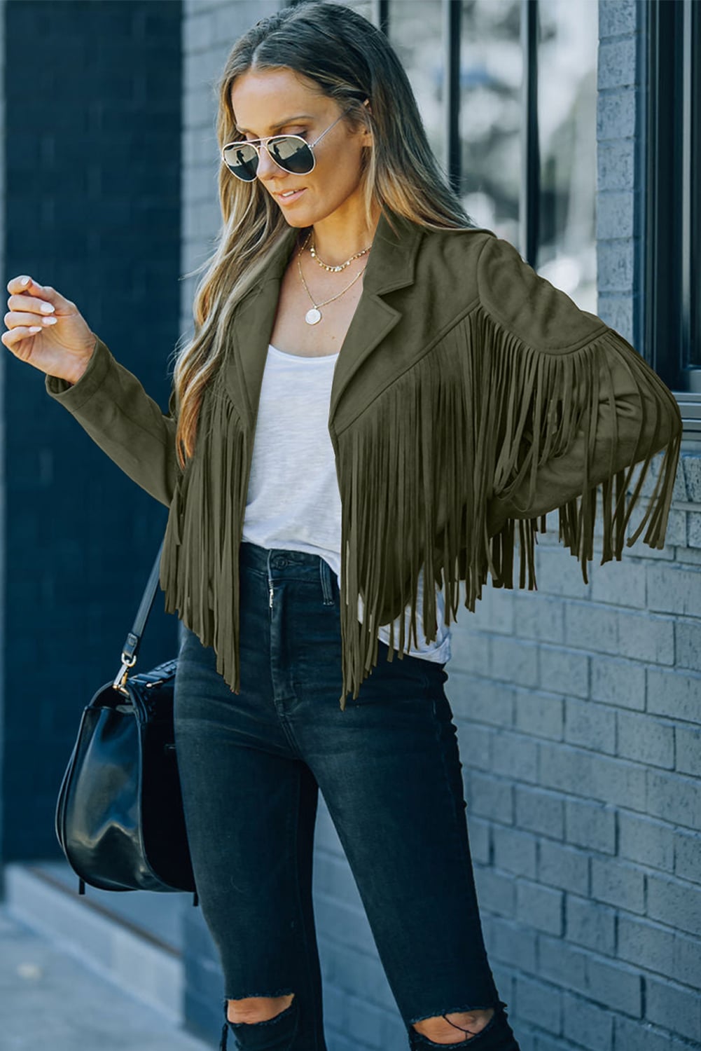Green Cropped Fringe Faux Suede Jacket