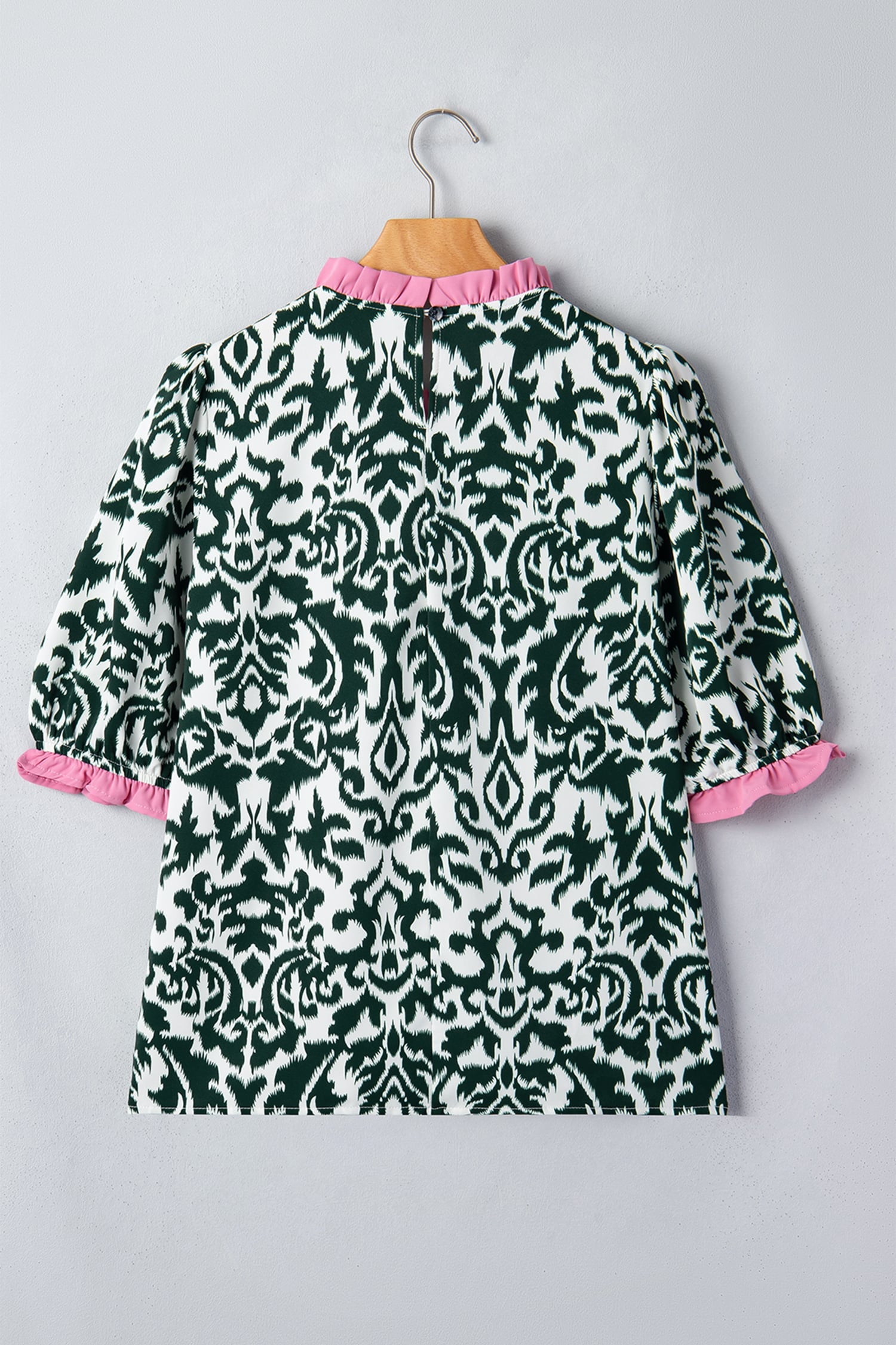 Green Damask Print Ruffled Color Block Detail Half Sleeve Blouse