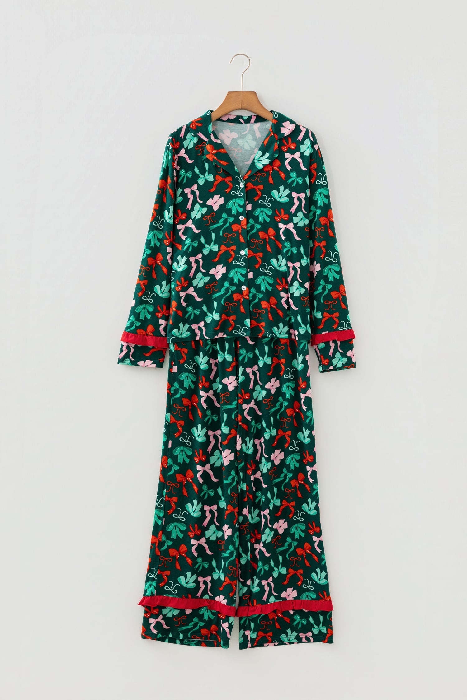 Green Festive Bow Print 2pcs Pajama Pant Set