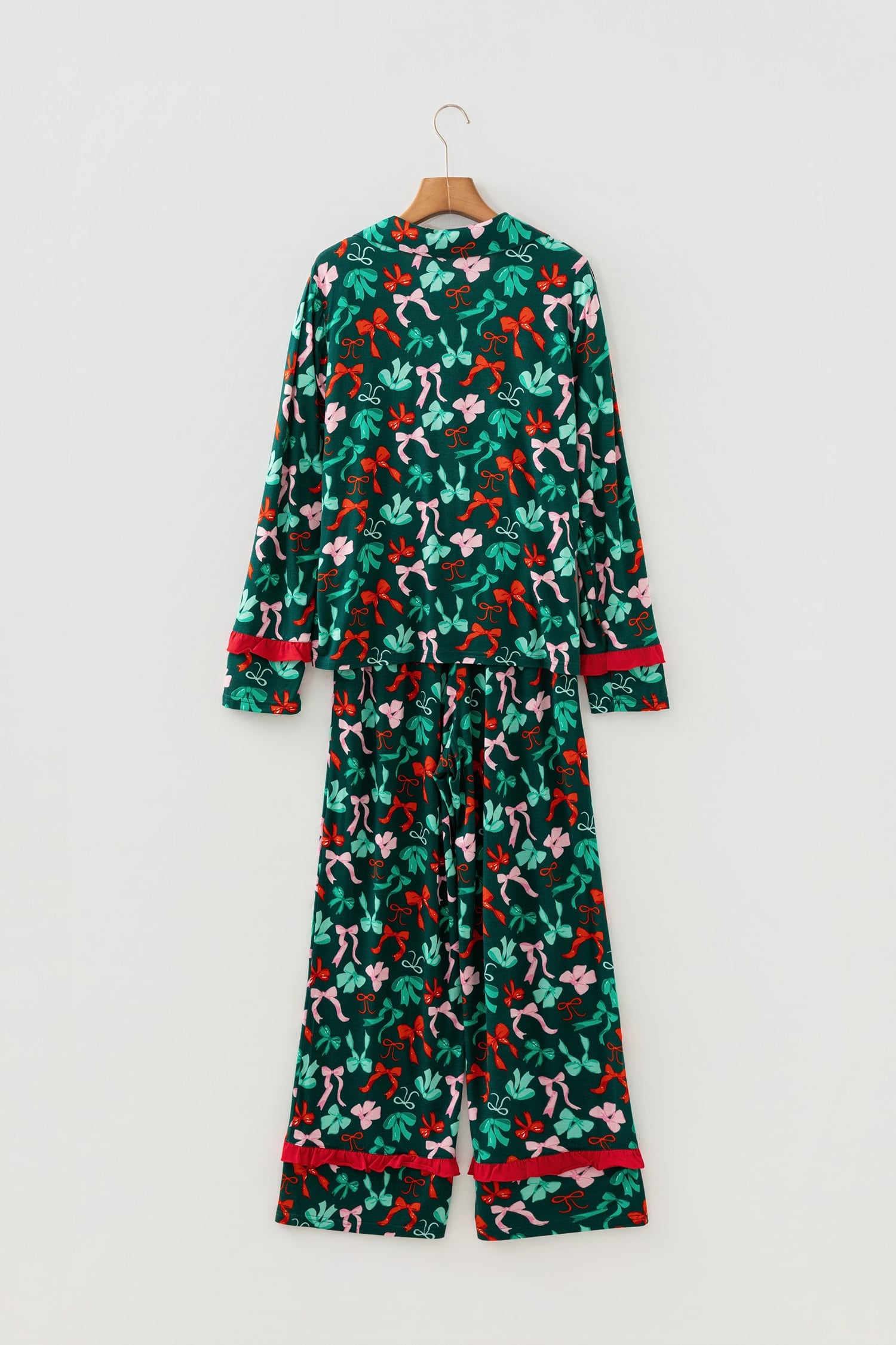 Green Festive Bow Print 2pcs Pajama Pant Set