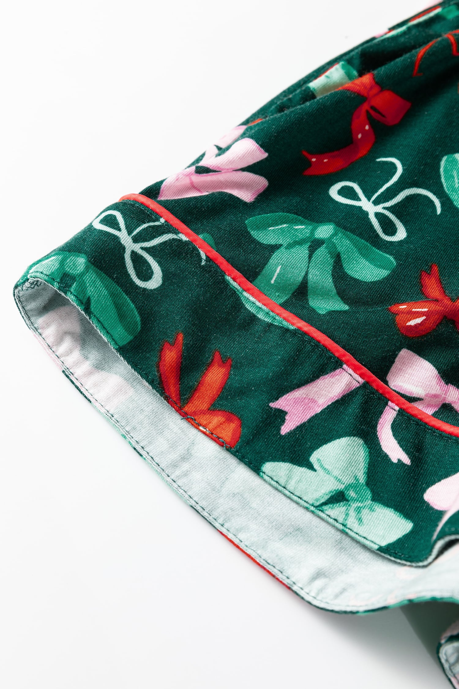 Green Festive Bow Print Long Sleeve Shirt and Pajama Short Set