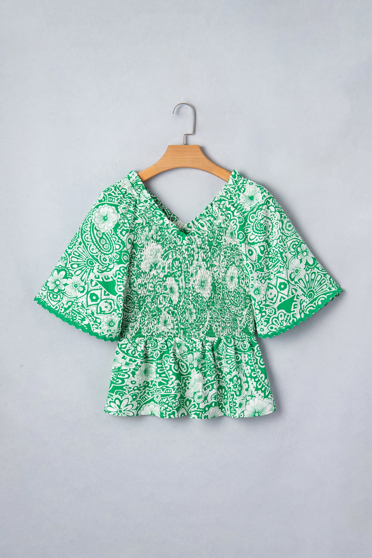 Green Flirty Floral Smocked V Neck Blouse