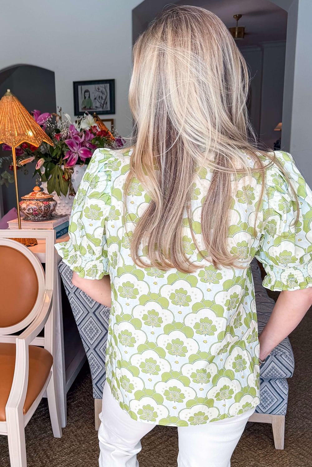 Green Floral Clouds Ruffled Short Sleeve Summer Blouse
