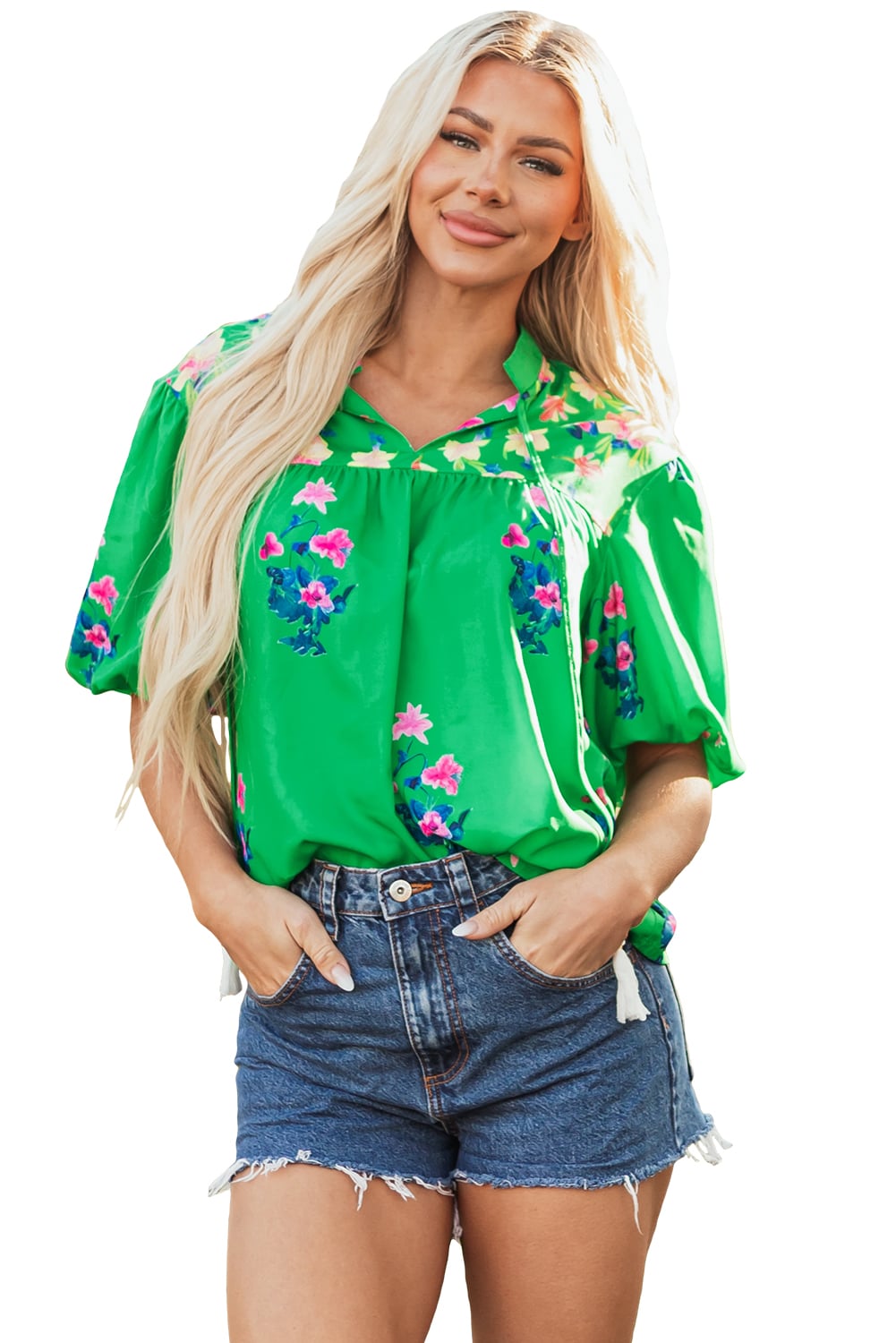 Green Floral Detail Tie Split Neck Short Sleeve Blouse