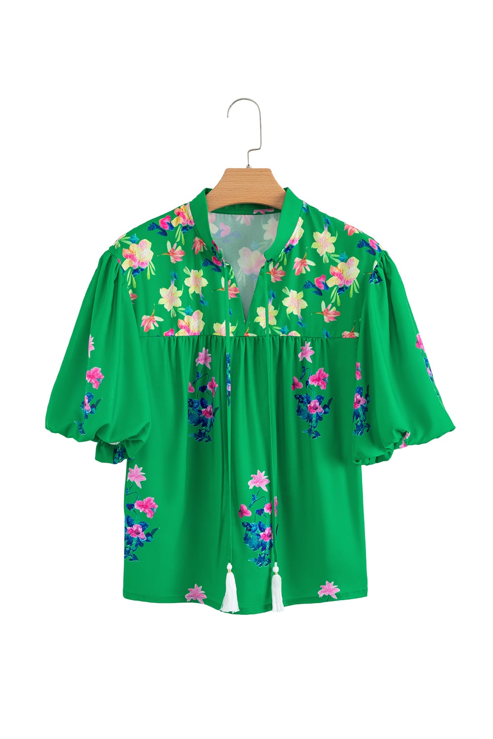 Green Floral Detail Tie Split Neck Short Sleeve Blouse