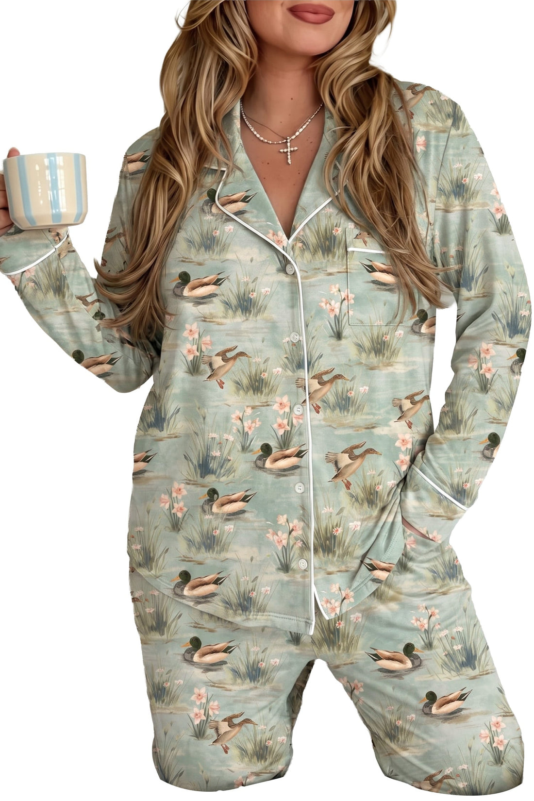 Green Floral Duck Print Long Sleeve Shirt Top 2pcs Pajama Pant Set