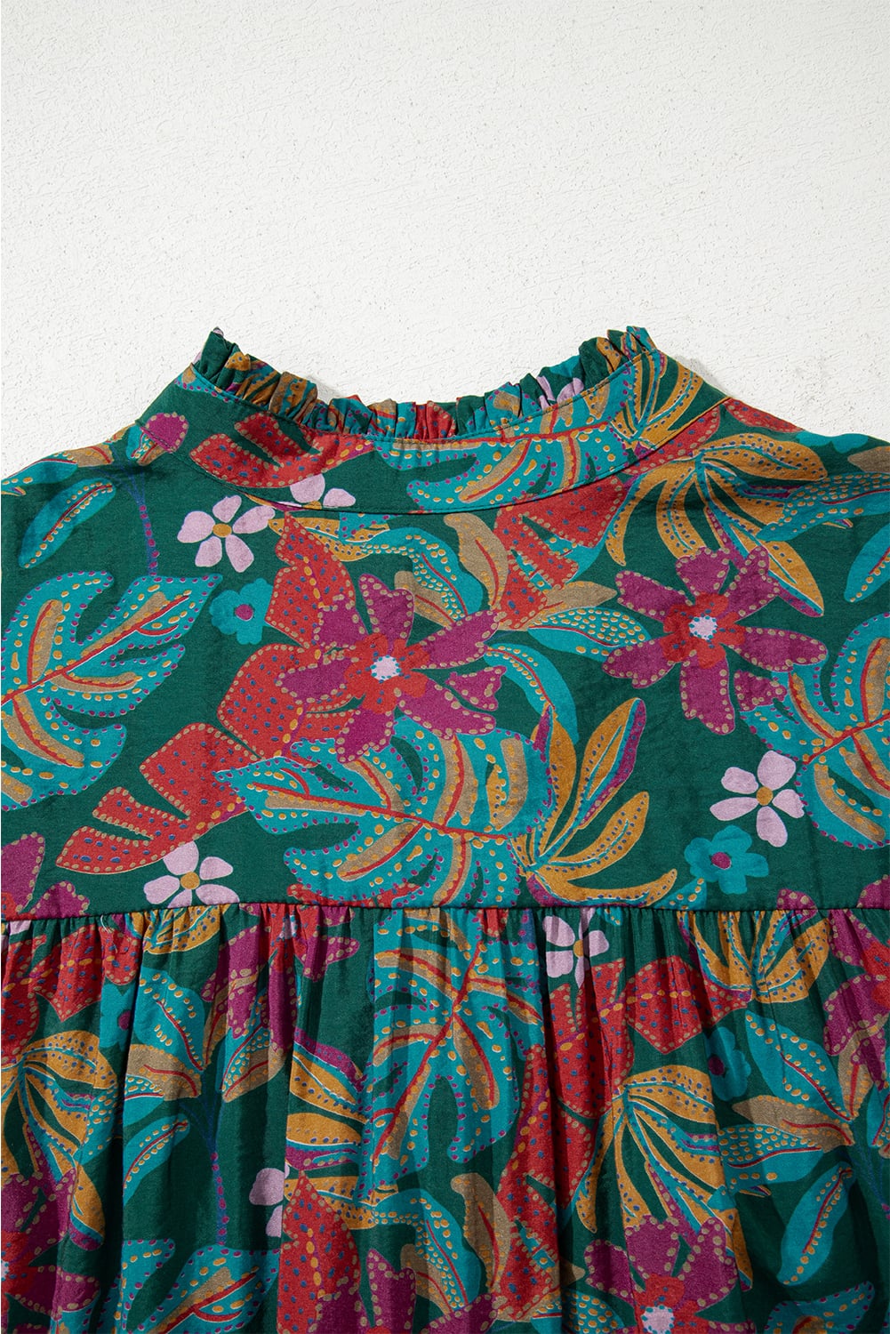 Green Floral Friled V Neck Puff Sleeve Ruffled Shirt Dress