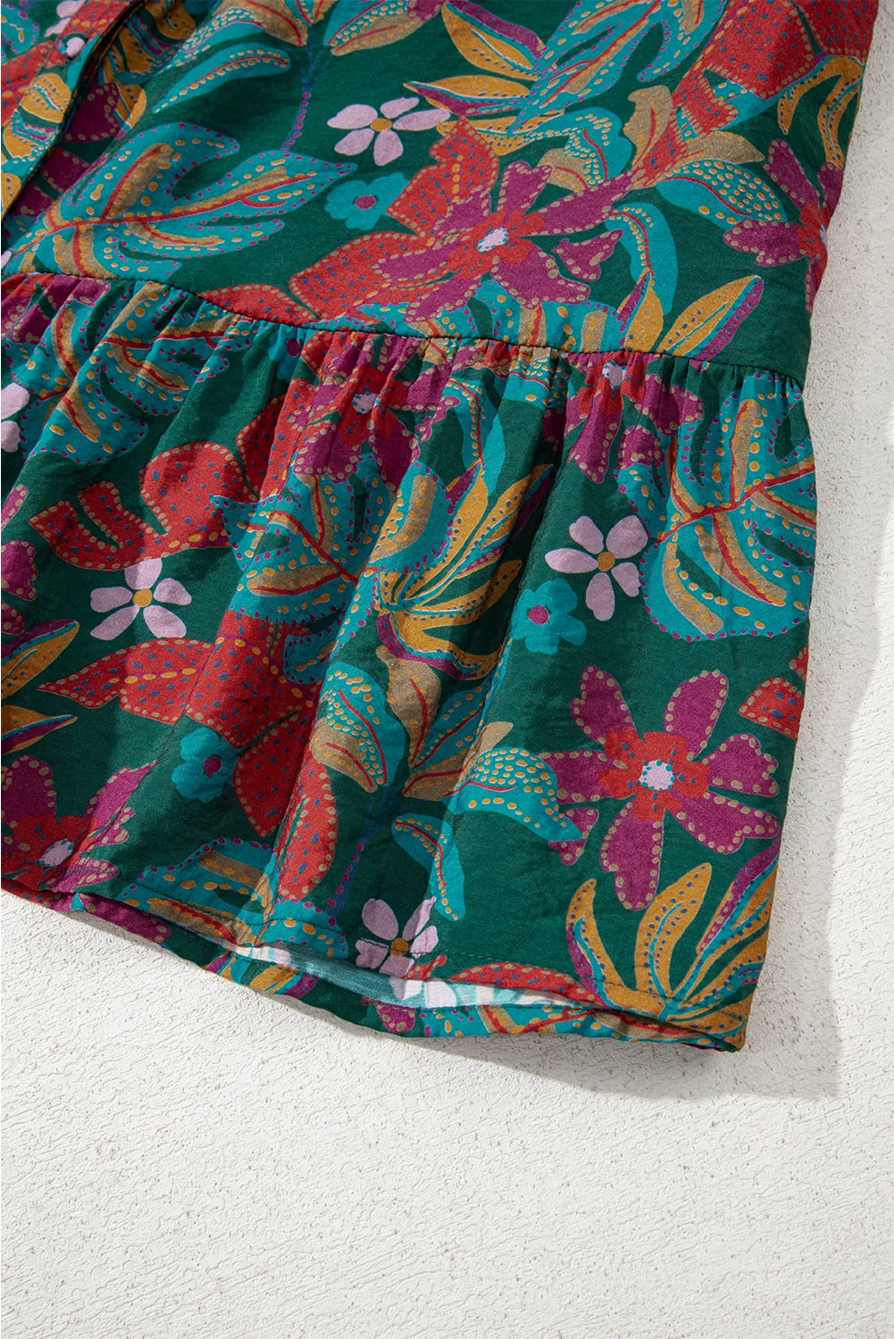 Green Floral Friled V Neck Puff Sleeve Ruffled Shirt Dress