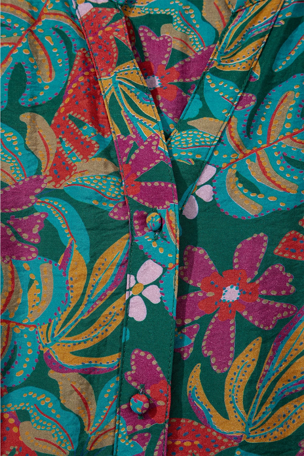 Green Floral Friled V Neck Puff Sleeve Ruffled Shirt Dress