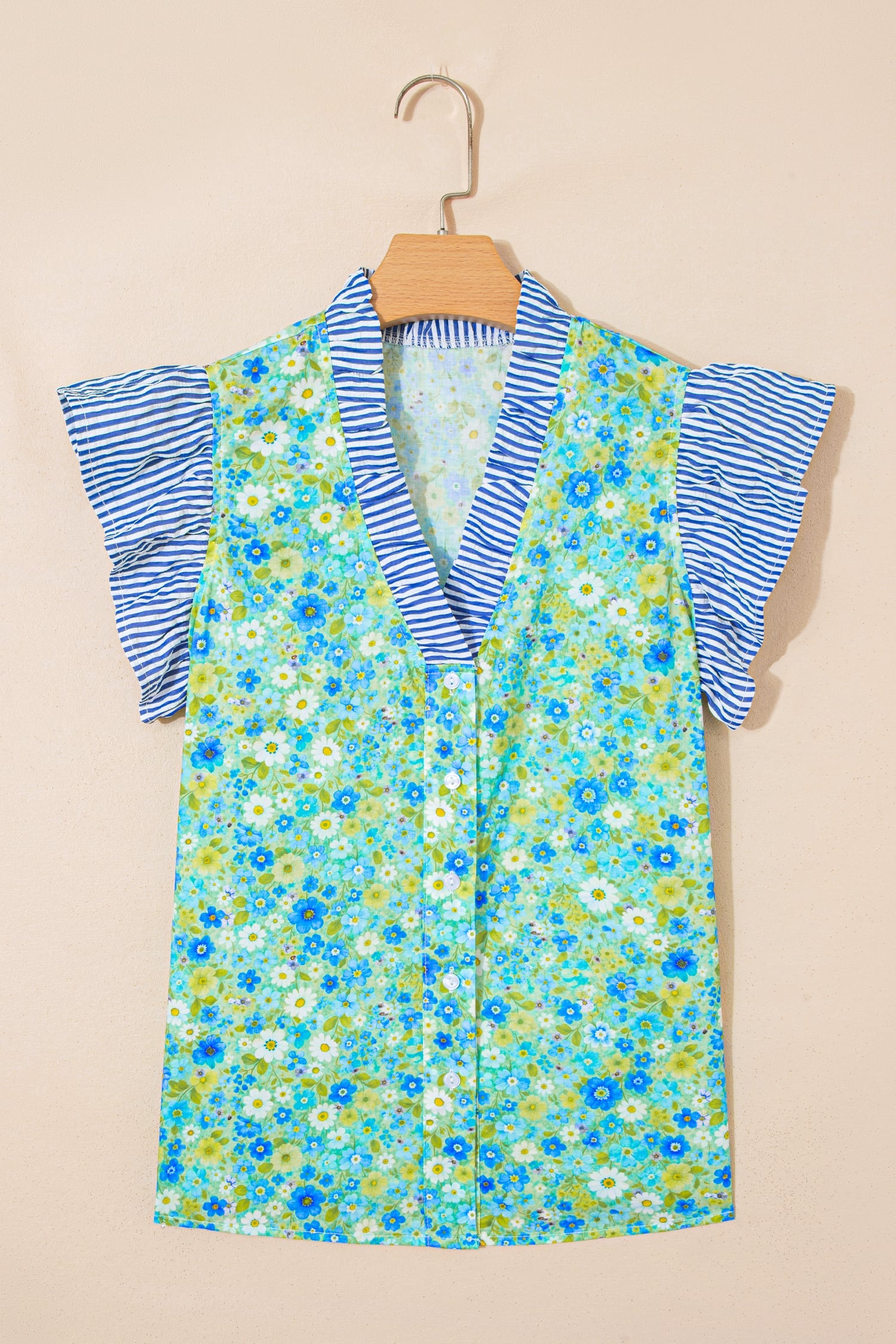Green Floral Painting Print Striped Patchwork Flutter Sleeve V Neck Blouse