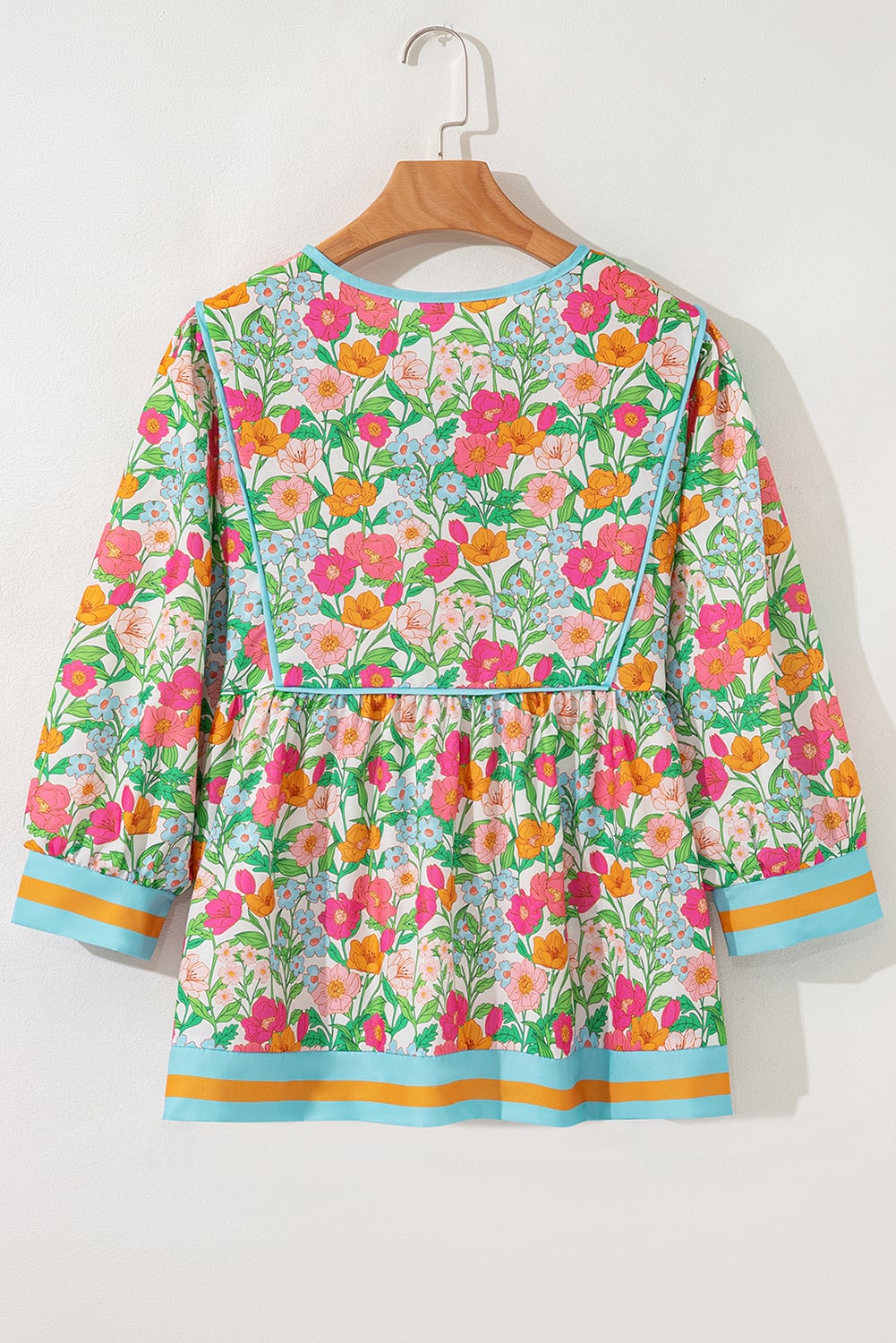Green Floral Print Striped Trim Tie Neck Puff Sleeve Babydoll Blouse