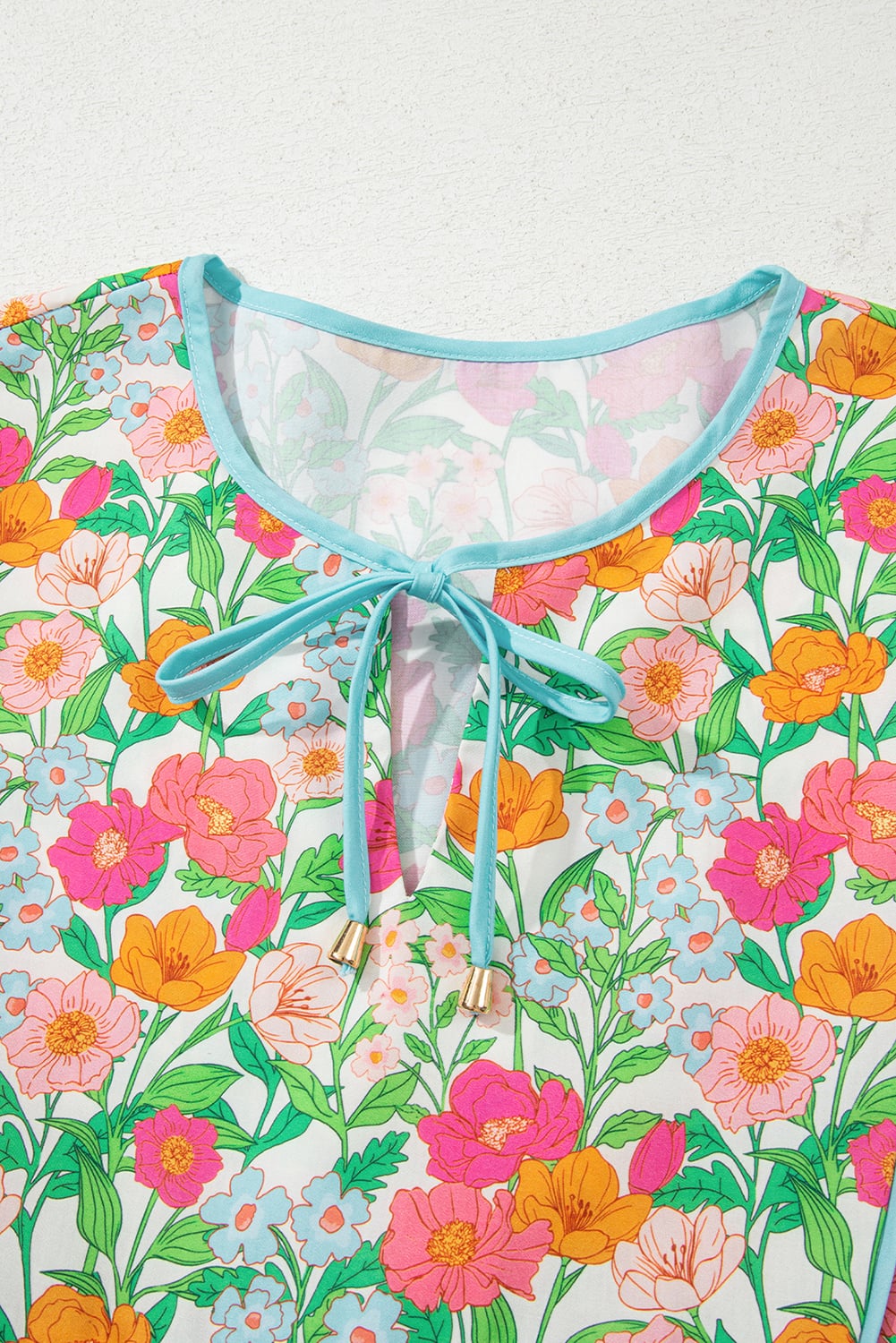 Green Floral Print Striped Trim Tie Neck Puff Sleeve Babydoll Blouse