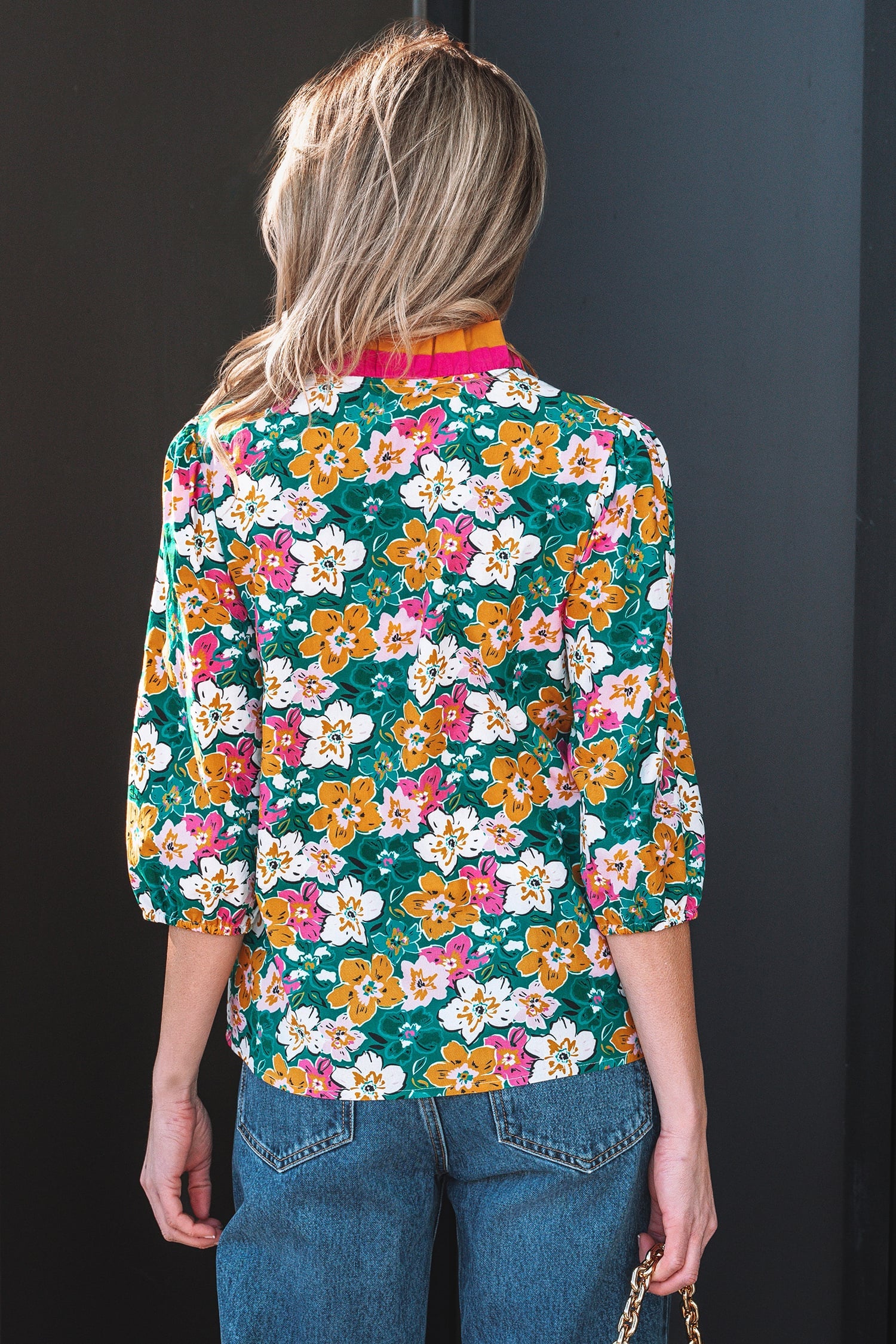 Green Floral Print Contrast Trim Frilled V Neck 3/4 Sleeve Blouse