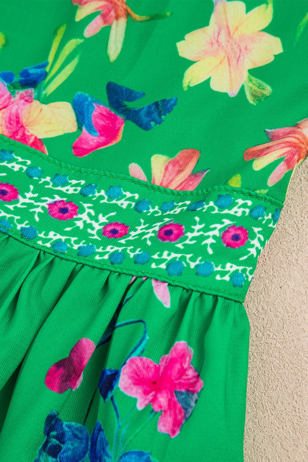 Green Floral Print Contrast Trim Knotted Straps Midi Dress