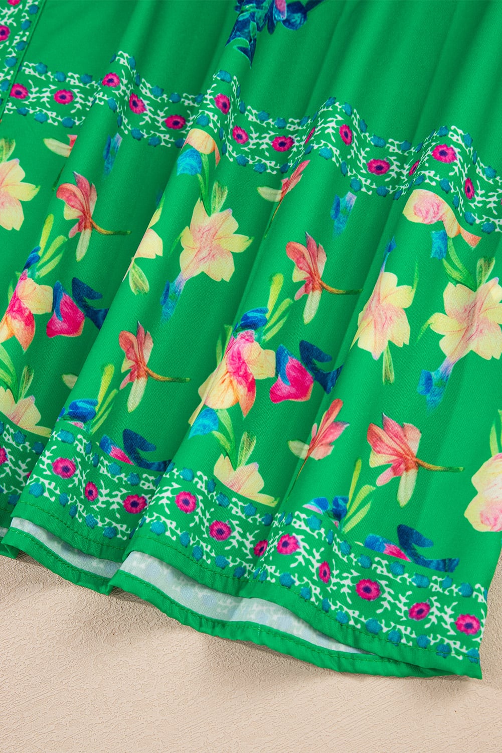 Green Floral Print Contrast Trim Knotted Straps Midi Dress