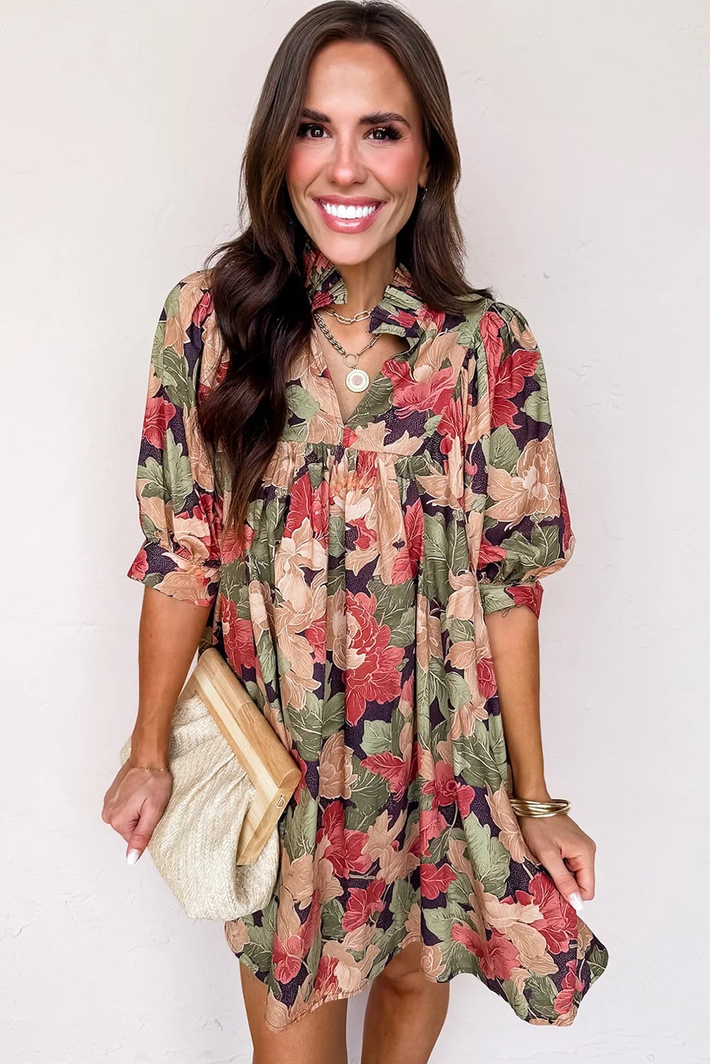 Green Floral Print Frilled Collar V Neck Half Sleeve Mini Dress