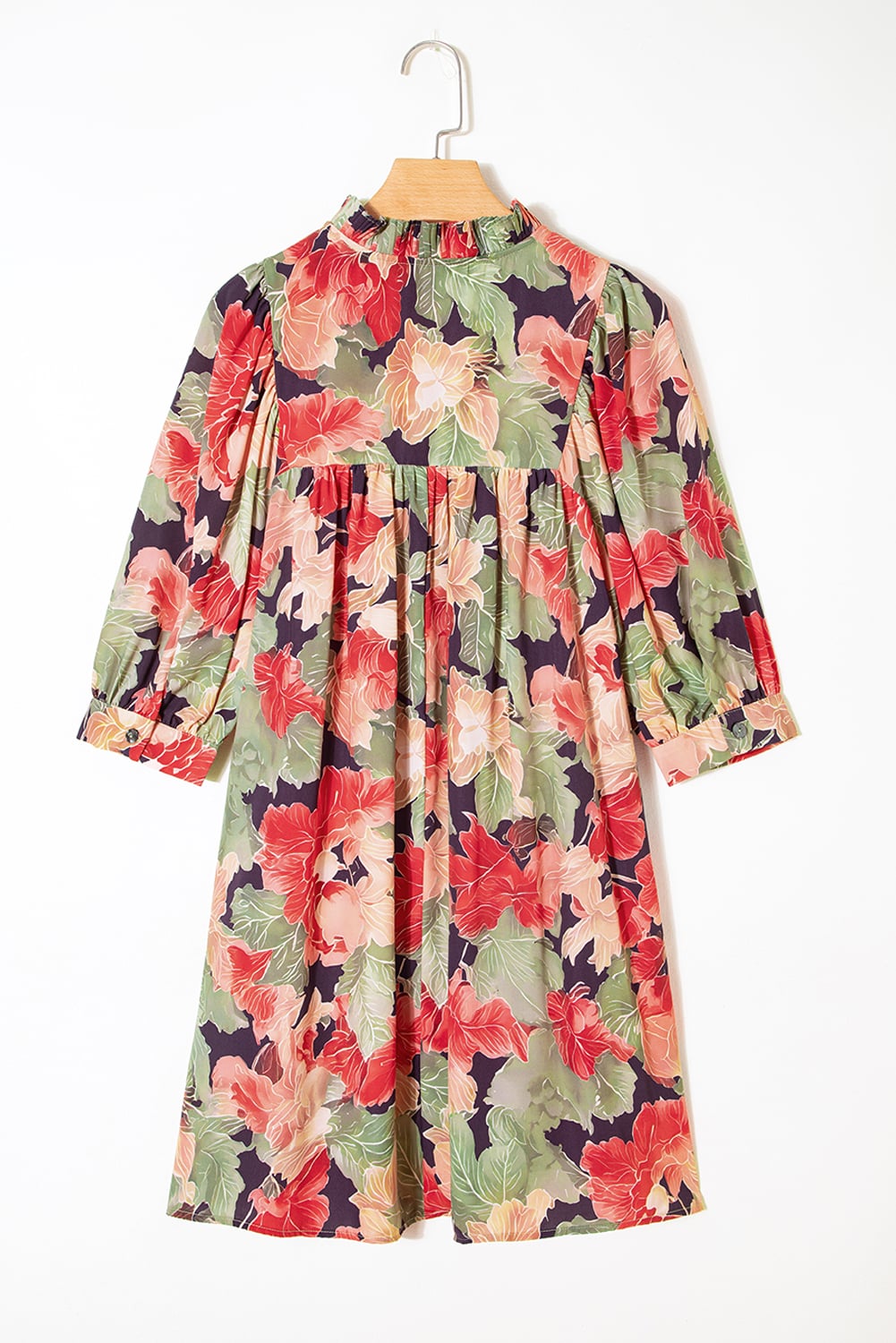 Green Floral Print Frilled Collar V Neck Half Sleeve Mini Dress
