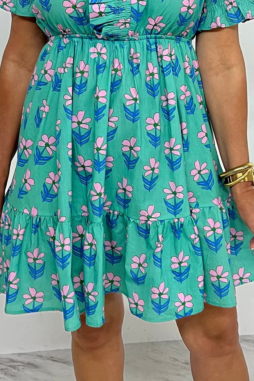 Green Floral Print Frilly Smocked Detail High Waist Mini Dress