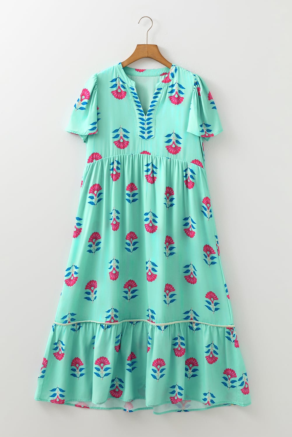 Green Floral Print Notched Neck Butterfly Sleeve Shift Long Dress