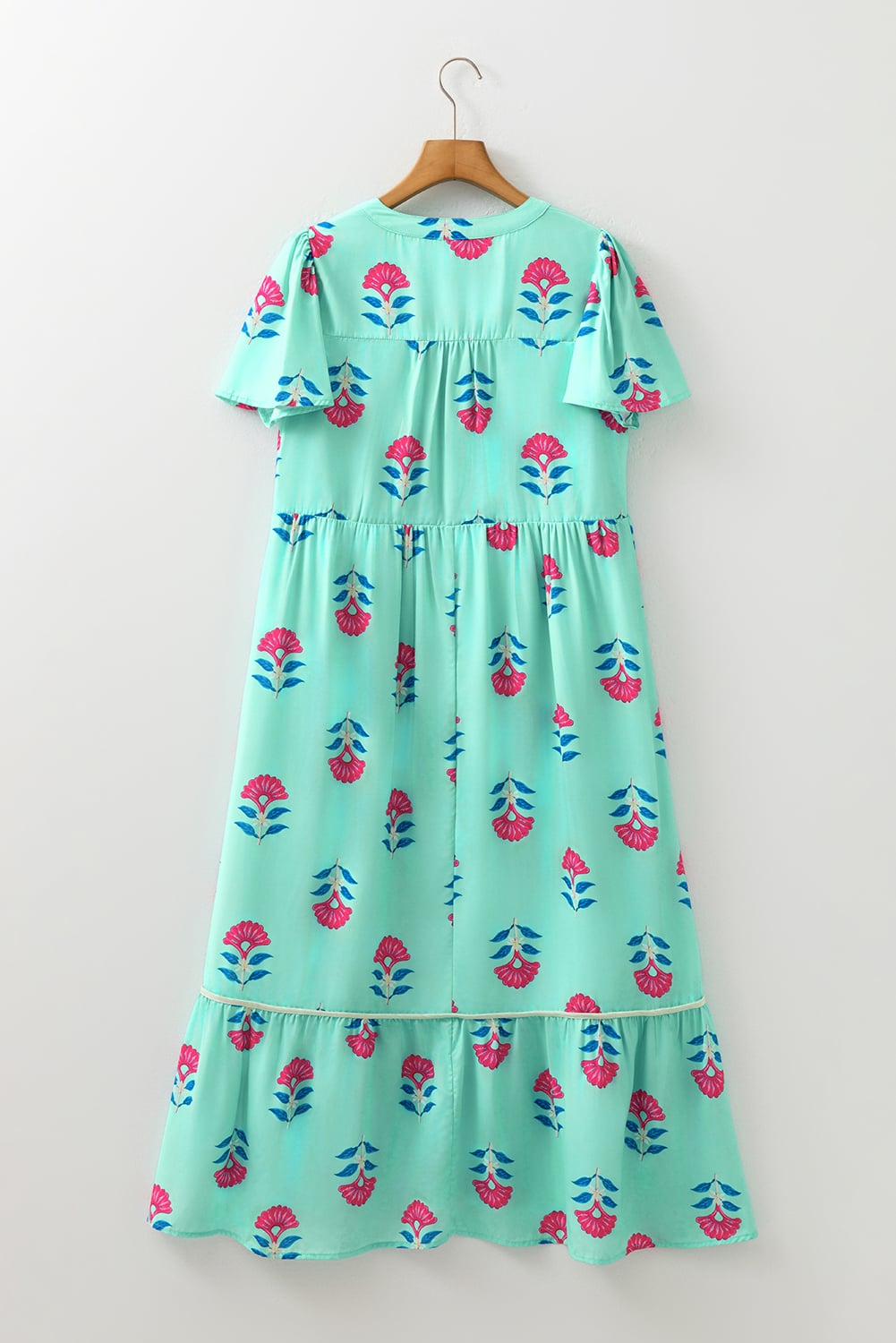 Green Floral Print Notched Neck Butterfly Sleeve Shift Long Dress