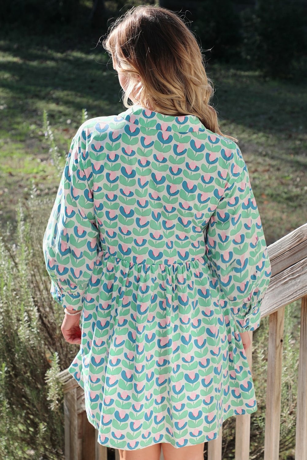 Green Floral Print Notched Neck Scalloped Detail Long Sleeve Mini Dress