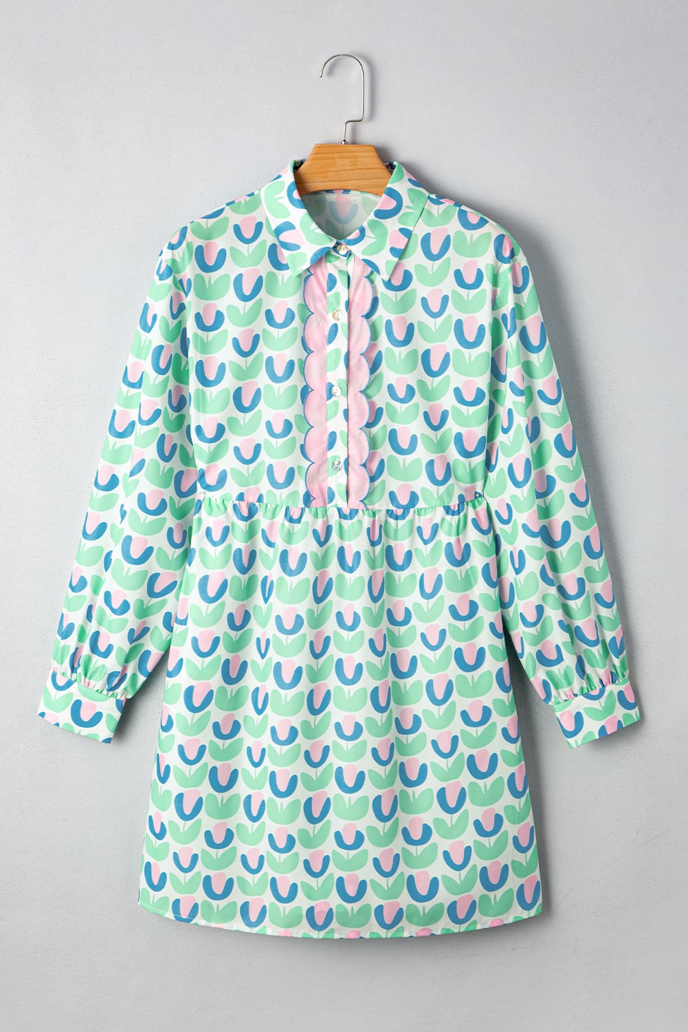 Green Floral Print Notched Neck Scalloped Detail Long Sleeve Mini Dress