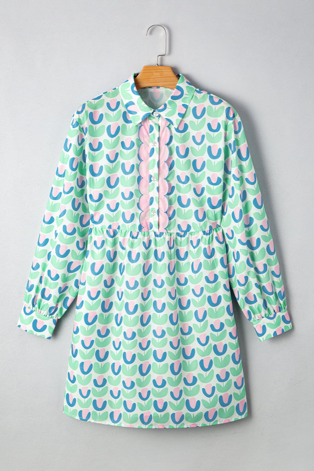 Green Floral Print Notched Neck Scalloped Detail Long Sleeve Mini Dress