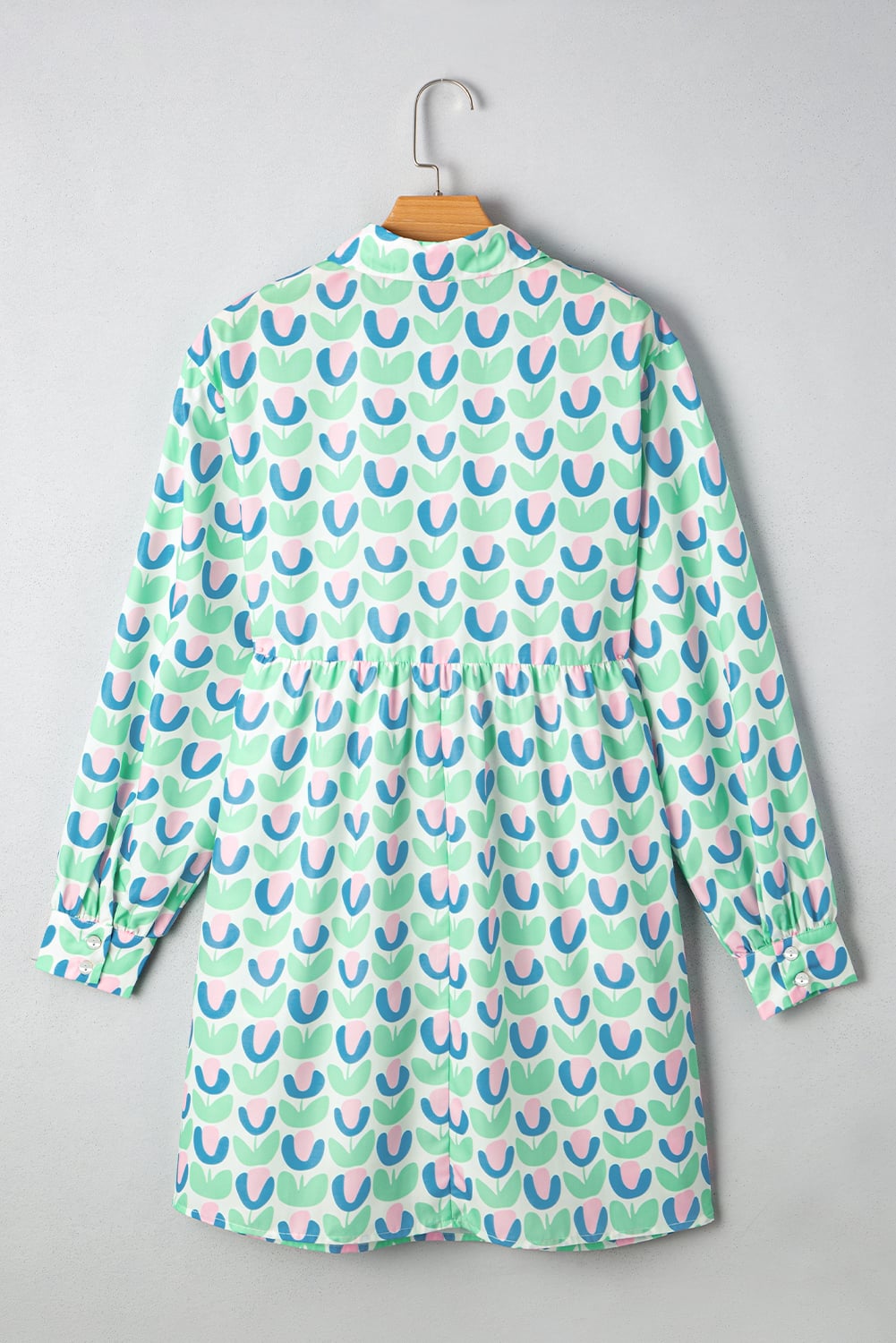 Green Floral Print Notched Neck Scalloped Detail Long Sleeve Mini Dress