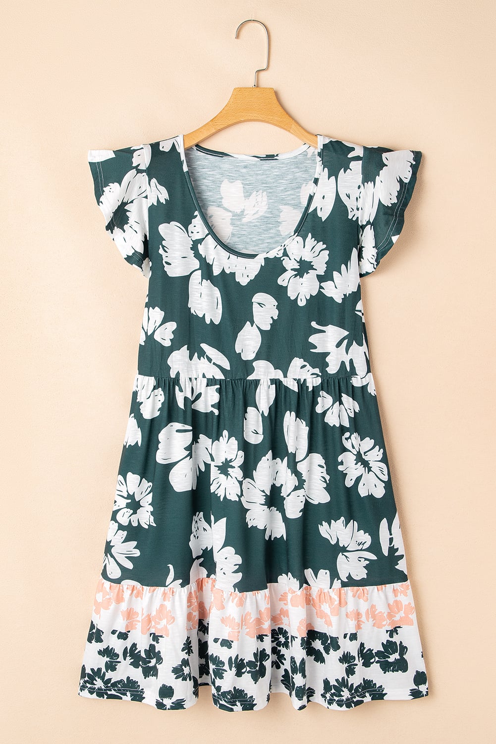 Green Floral Print Ruffle Sleeve Empire Waist Mini Dress