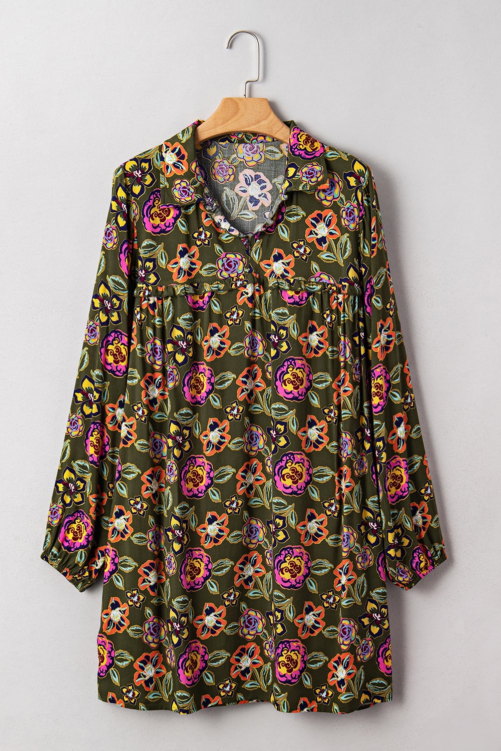 Green Floral Print Split Neck Bubble Sleeve Shift Mini Dress
