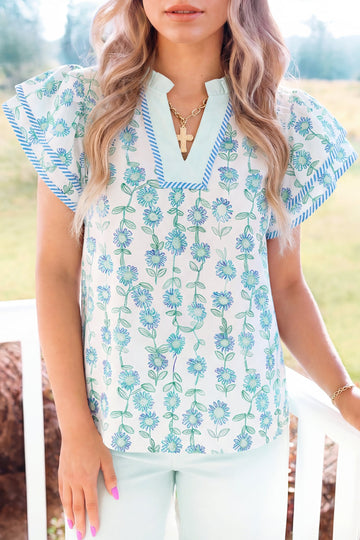 Green Floral Print Striped Detail Contrast V Neck Patchwork Flutter Sleeve Blouse